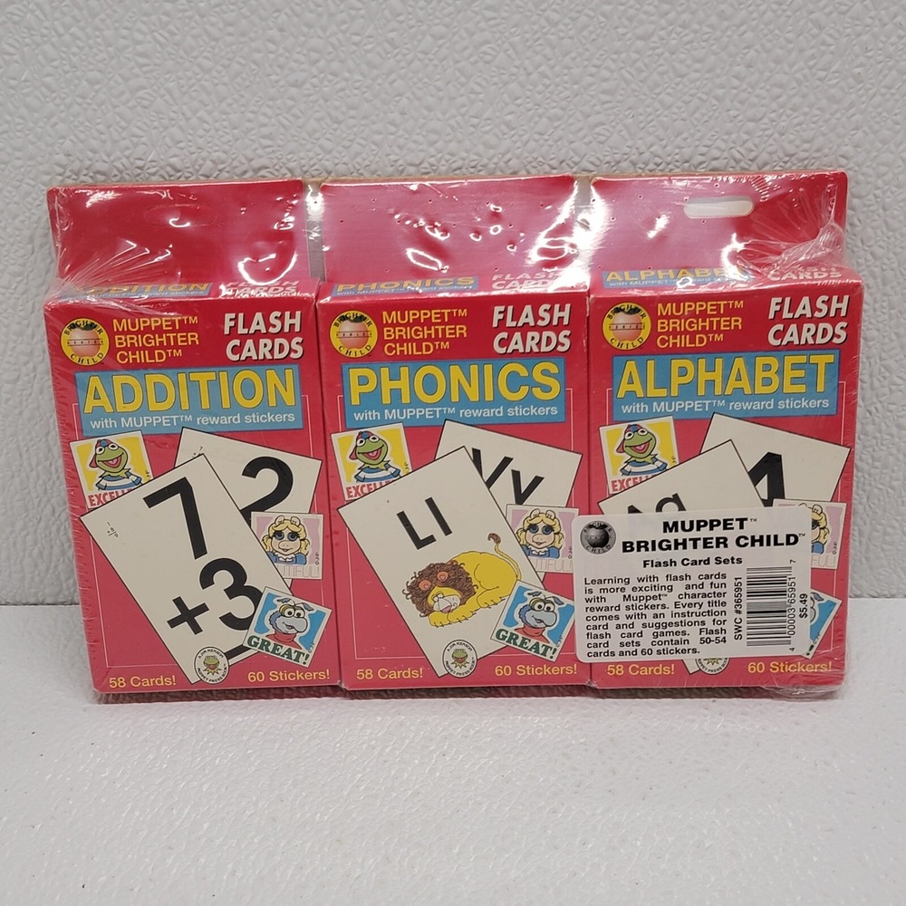Vintage Muppet Brighter Child Flash Card Set Of 3 - Addition, Phonics, Alphabet